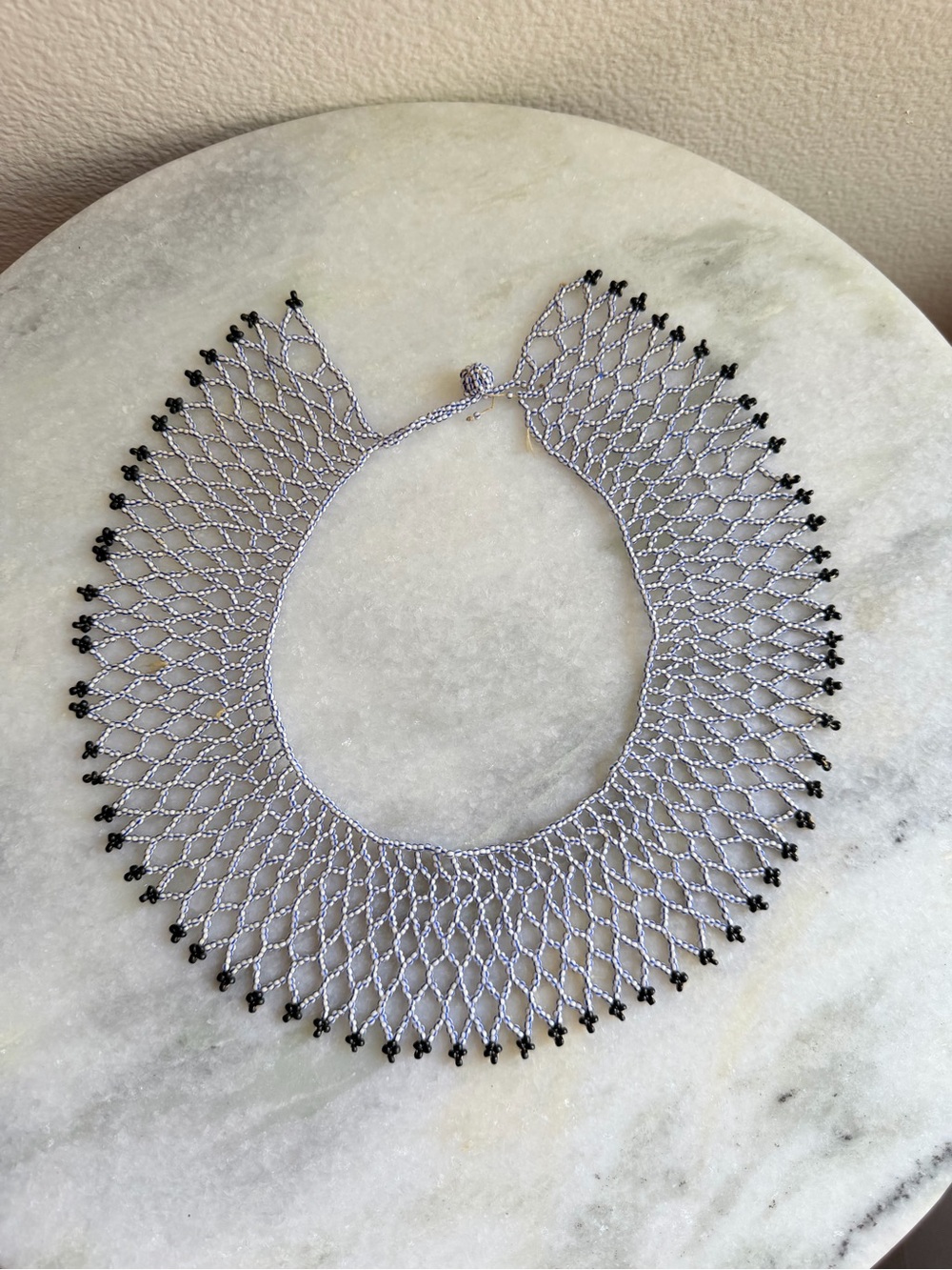 Handmade blue, white and black beaded collar necklace